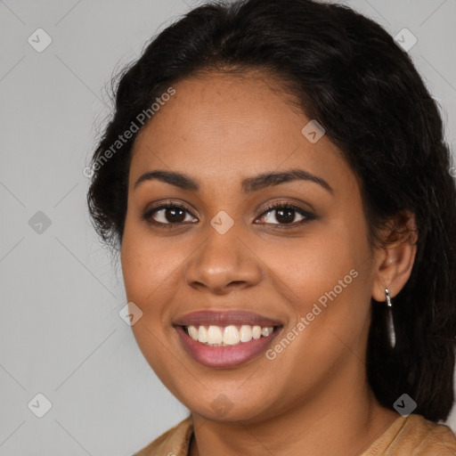 Joyful latino young-adult female with long  brown hair and brown eyes