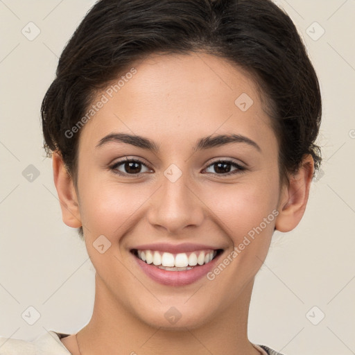 Joyful white young-adult female with short  brown hair and brown eyes