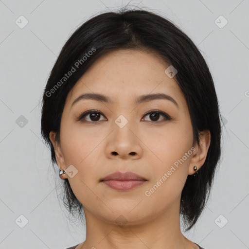 Neutral asian young-adult female with medium  black hair and brown eyes