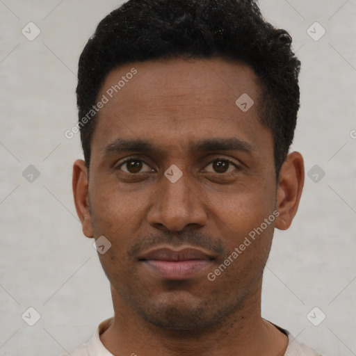 Neutral latino young-adult male with short  black hair and brown eyes
