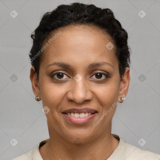 Joyful latino young-adult female with short  brown hair and brown eyes