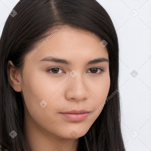 Neutral white young-adult female with long  brown hair and brown eyes