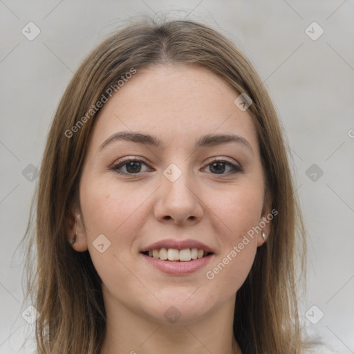 Joyful white young-adult female with medium  brown hair and grey eyes