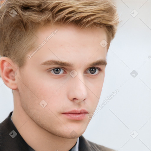 Neutral white young-adult male with short  brown hair and grey eyes