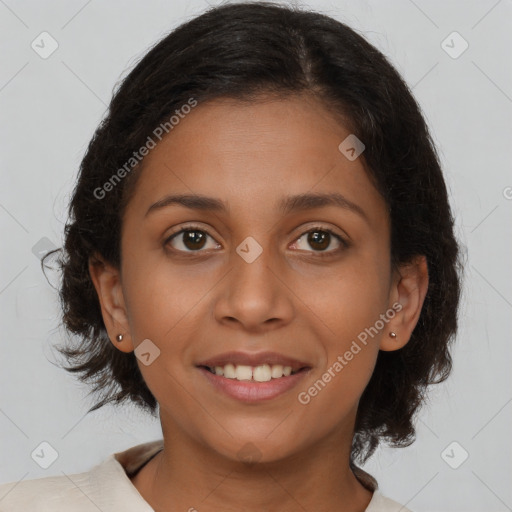 Joyful latino young-adult female with medium  brown hair and brown eyes