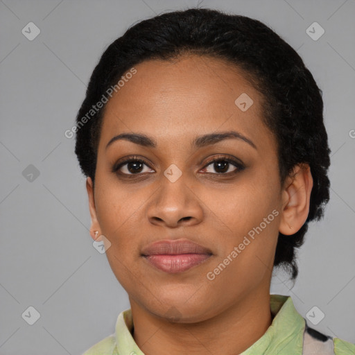 Joyful latino young-adult female with short  black hair and brown eyes