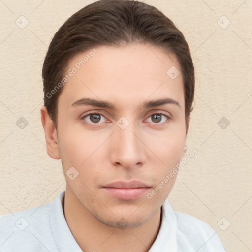 Neutral white young-adult male with short  brown hair and brown eyes