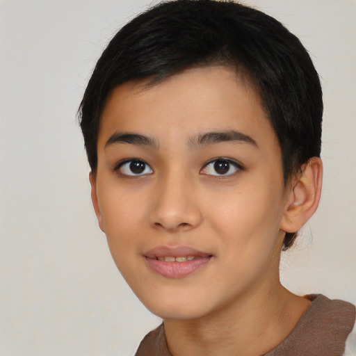 Joyful asian young-adult female with short  black hair and brown eyes