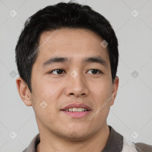 Neutral asian young-adult male with short  black hair and brown eyes