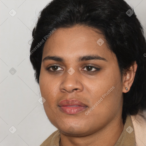 Joyful latino young-adult female with medium  black hair and brown eyes