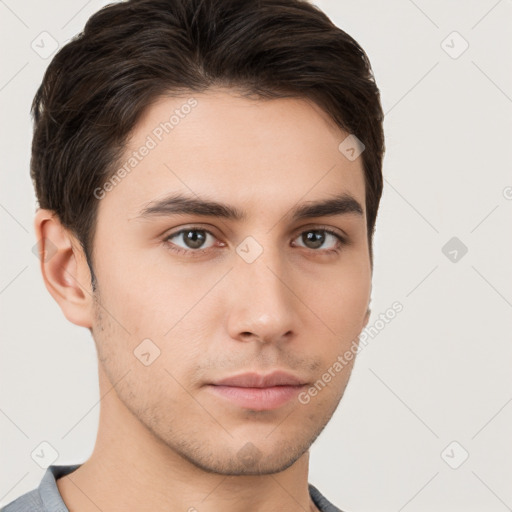 Neutral white young-adult male with short  brown hair and brown eyes