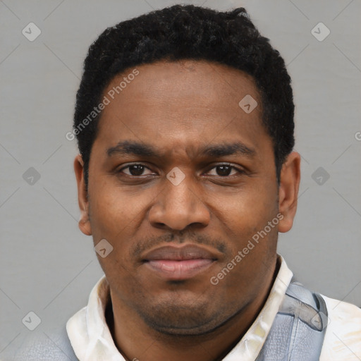 Neutral latino young-adult male with short  black hair and brown eyes
