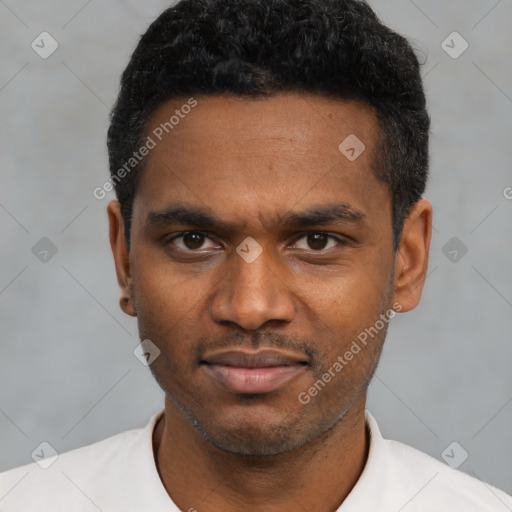 Neutral latino young-adult male with short  black hair and brown eyes