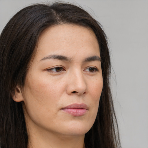 Neutral asian young-adult female with long  brown hair and brown eyes