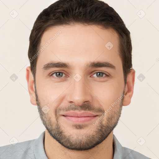 Joyful white young-adult male with short  brown hair and brown eyes