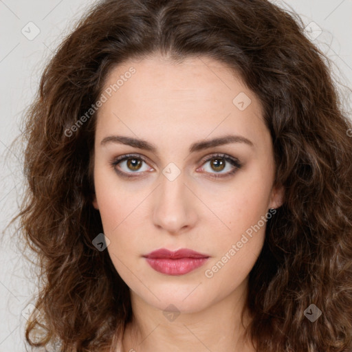 Neutral white young-adult female with long  brown hair and brown eyes