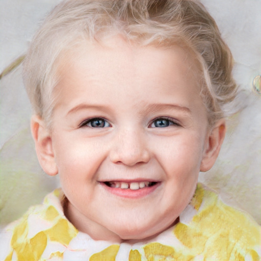 Joyful white child female with short  blond hair and blue eyes