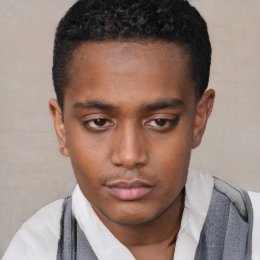 Neutral black young-adult male with short  black hair and brown eyes