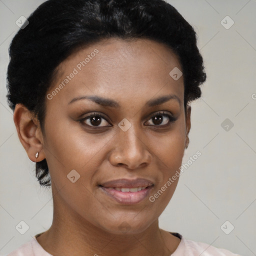 Joyful latino young-adult female with short  brown hair and brown eyes