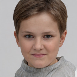 Joyful white child female with short  brown hair and grey eyes