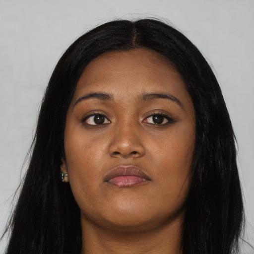 Neutral asian young-adult female with long  black hair and brown eyes