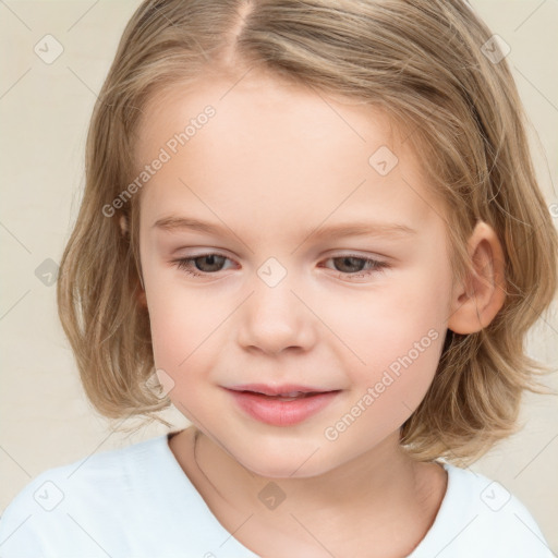 Joyful white child female with medium  brown hair and brown eyes