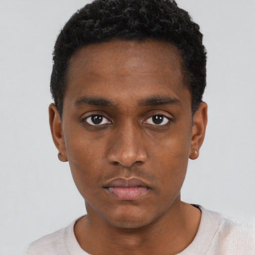 Neutral black young-adult male with short  black hair and brown eyes