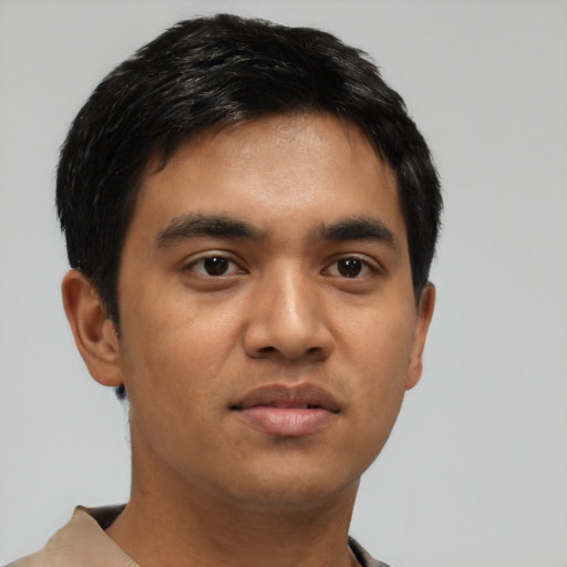 Neutral asian young-adult male with short  black hair and brown eyes