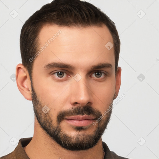 Neutral white young-adult male with short  brown hair and brown eyes