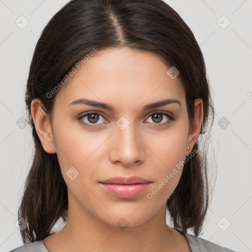 Neutral white young-adult female with medium  brown hair and brown eyes