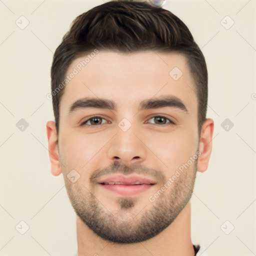 Neutral white young-adult male with short  brown hair and brown eyes