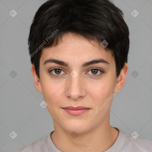 Joyful white young-adult female with short  brown hair and brown eyes