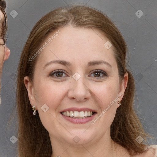 Joyful white young-adult female with long  brown hair and grey eyes