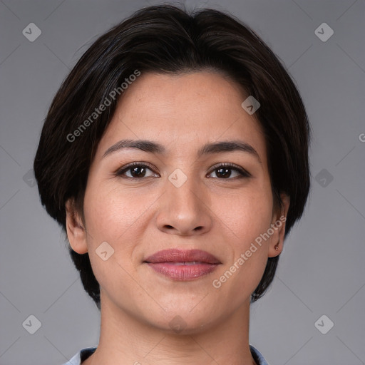 Joyful white young-adult female with medium  brown hair and brown eyes