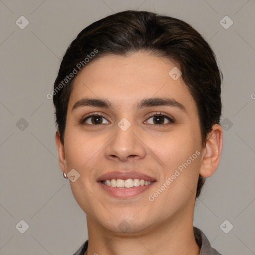 Joyful white young-adult female with short  brown hair and brown eyes