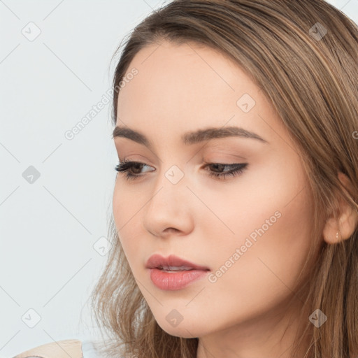 Neutral white young-adult female with long  brown hair and brown eyes