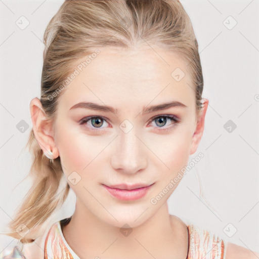 Joyful white young-adult female with medium  brown hair and blue eyes