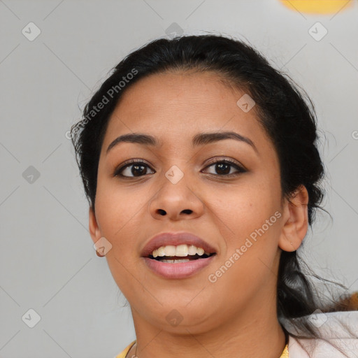 Joyful latino young-adult female with medium  black hair and brown eyes