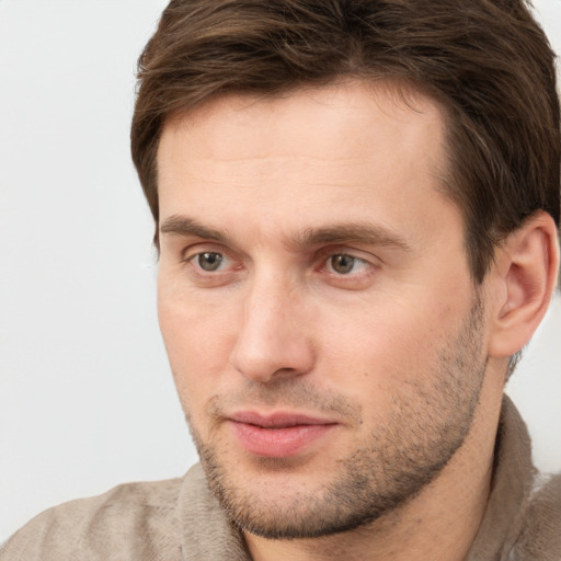 Neutral white young-adult male with short  brown hair and grey eyes