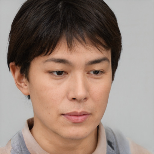 Neutral asian young-adult female with short  brown hair and brown eyes