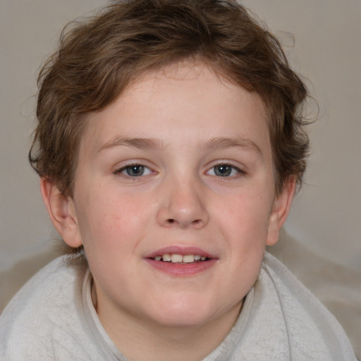 Joyful white child female with medium  brown hair and blue eyes