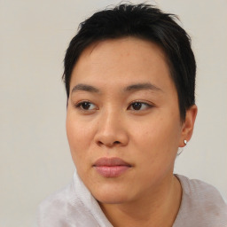 Neutral asian young-adult female with short  black hair and brown eyes