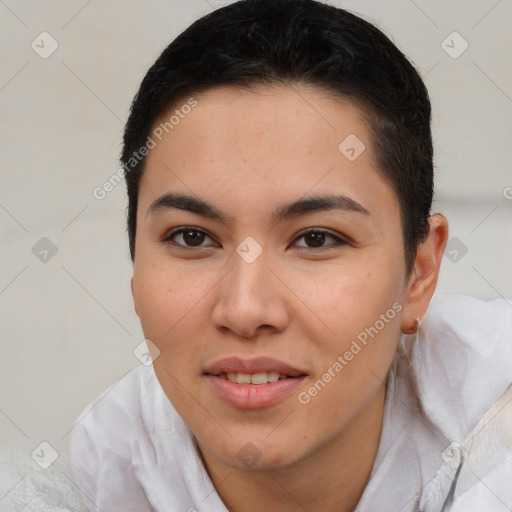 Joyful white young-adult female with short  brown hair and brown eyes