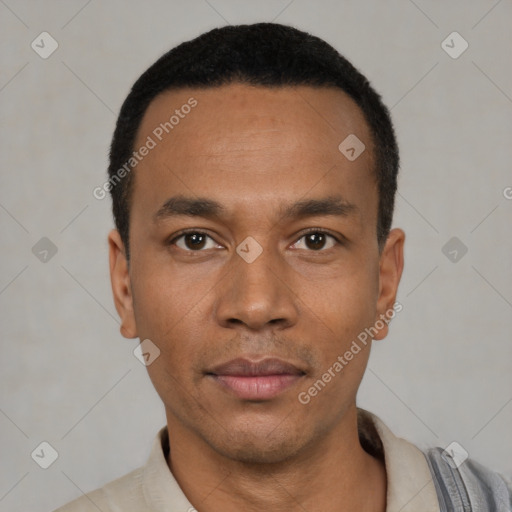 Neutral latino young-adult male with short  black hair and brown eyes