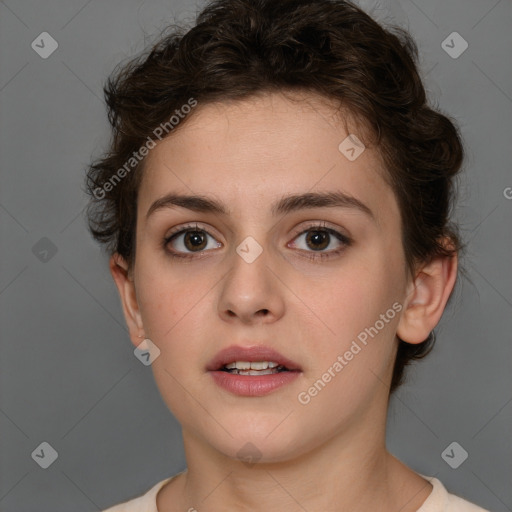 Neutral white young-adult female with short  brown hair and brown eyes