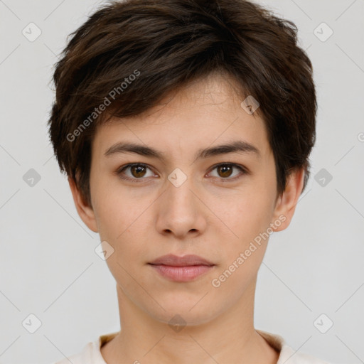 Neutral white young-adult female with short  brown hair and brown eyes