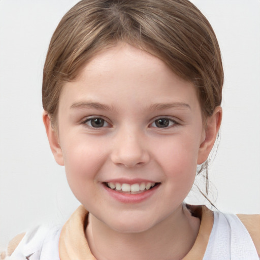 Joyful white child female with medium  brown hair and grey eyes