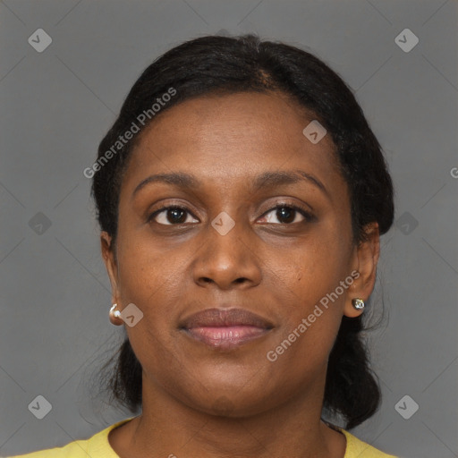 Joyful black young-adult female with medium  brown hair and brown eyes