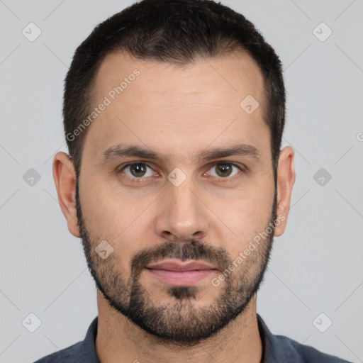 Neutral white young-adult male with short  brown hair and brown eyes