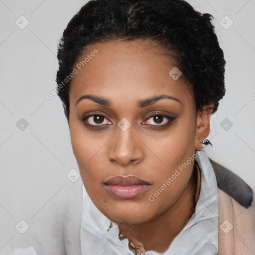 Neutral black young-adult female with short  black hair and brown eyes